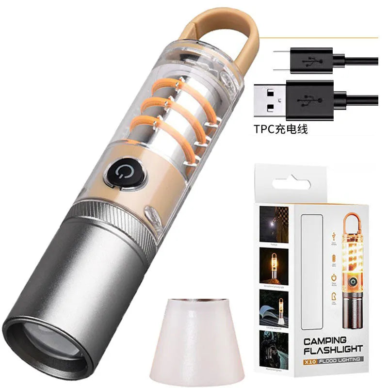 Orange 10W LED flashlight with optical zoom, dual light sources, hook and keychain accessories
