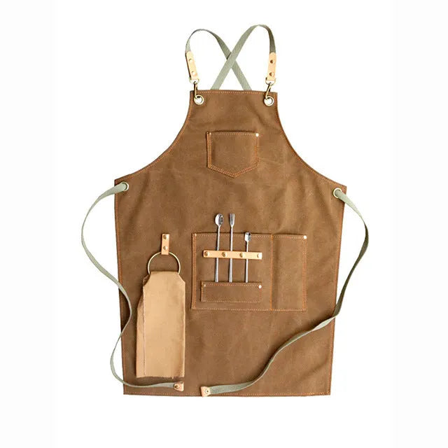 Han style canvas apron with cross-back straps in solid camel colour for cafe baking work