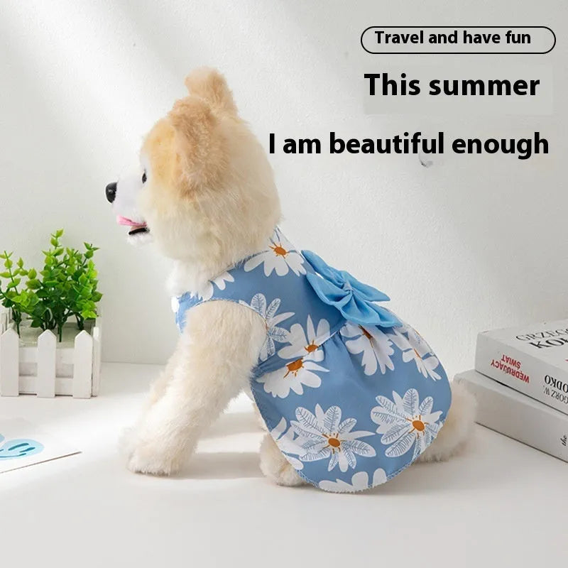 Orange bow summer pet dress with floral butterfly pattern on a dog, showing princess-style thin polyester construction.
