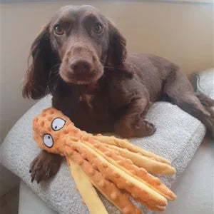Blue octopus plush dog toy with tentacles, 32cm long no-stuffing chew toy with squeaker and crinkle sounds