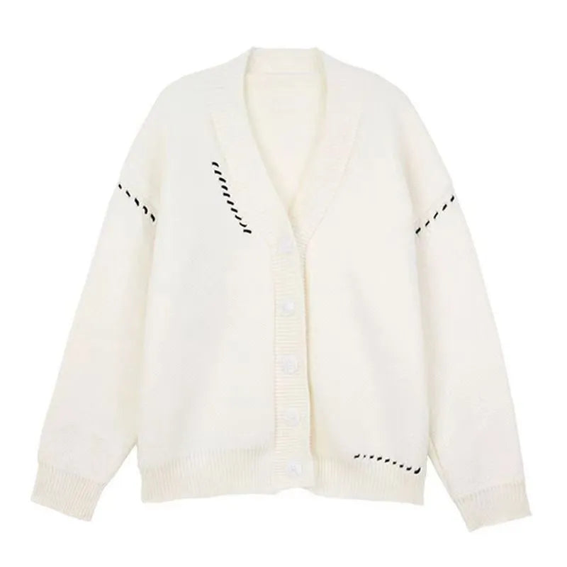 A loose-fitting black women's knitted cardigan top coat with long sleeves.