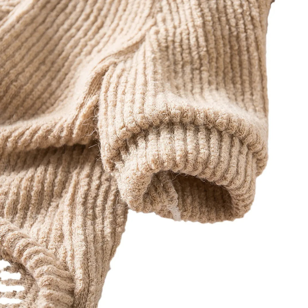 Brown cloth dog sweater pullover on a small white dog, showing casual style.