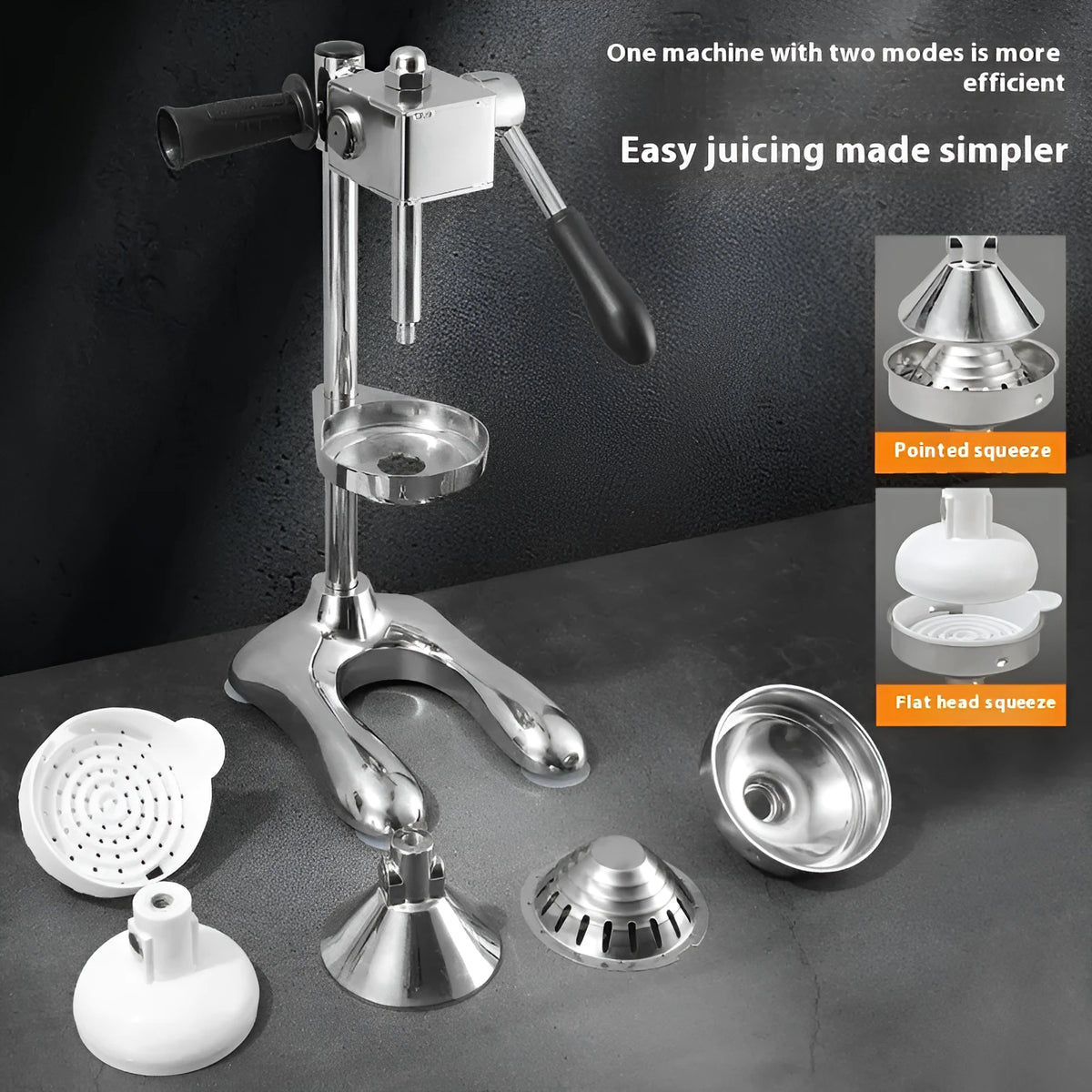 Vertical stainless steel manual juicer shown in multiple colour and head style options for household kitchen use.
