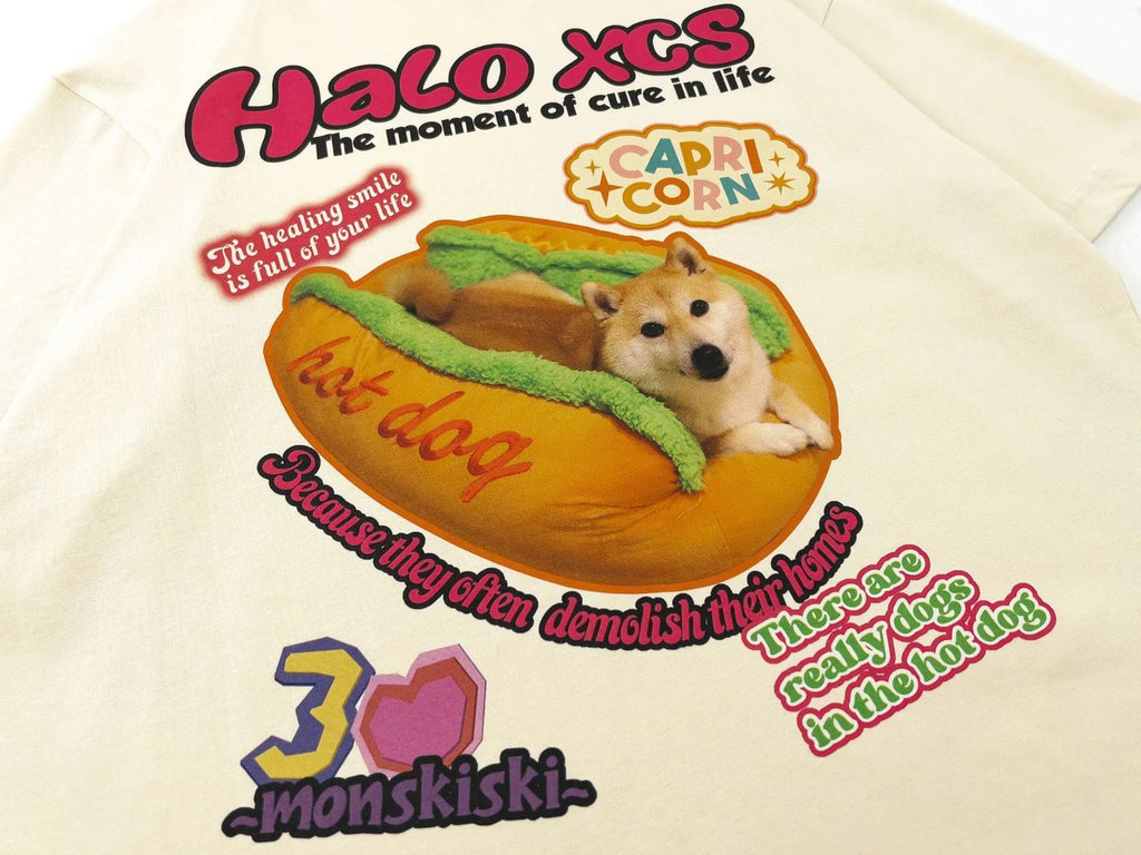 Cartoon hamburger dog printed cotton t-shirt in loose fit available in white, apricot, and sky blue colours