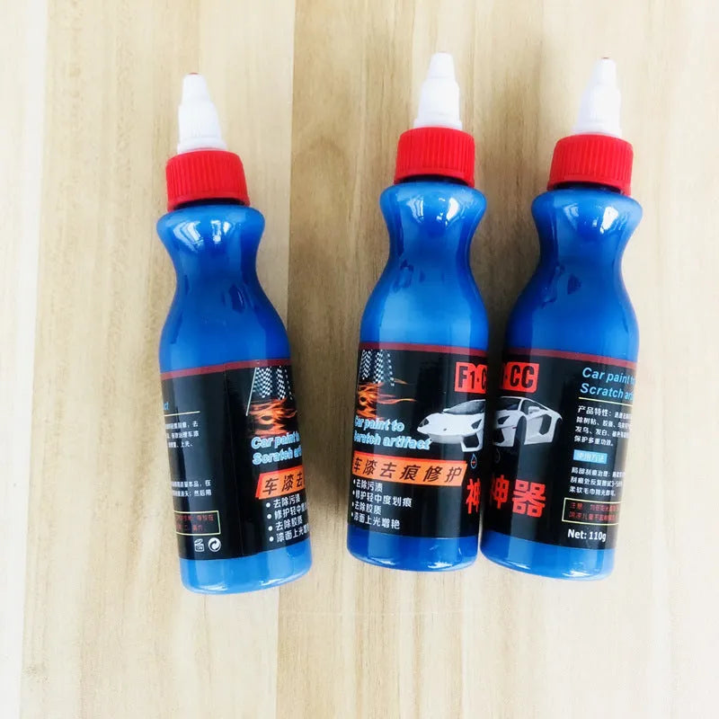 Automotive scratch repair agent bottle with dedicated wiping tool for car surface imperfections