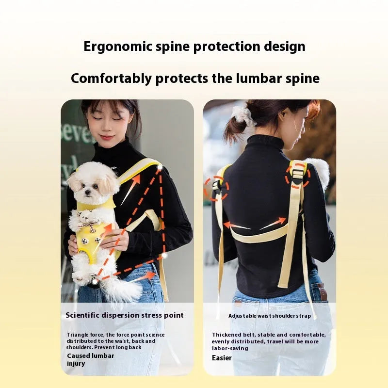 Canvas pet carrier bag with cartoon animal pattern and colourful stitching in four size options