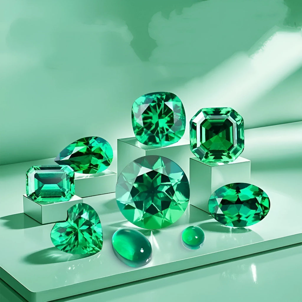 A selection of polished Columbia green cultivated emerald gemstones in various cuts and sizes on a white background.