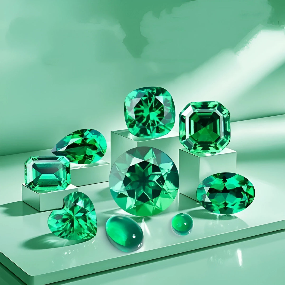 A selection of polished Columbia green cultivated emerald gemstones in various cuts and sizes on a white background.