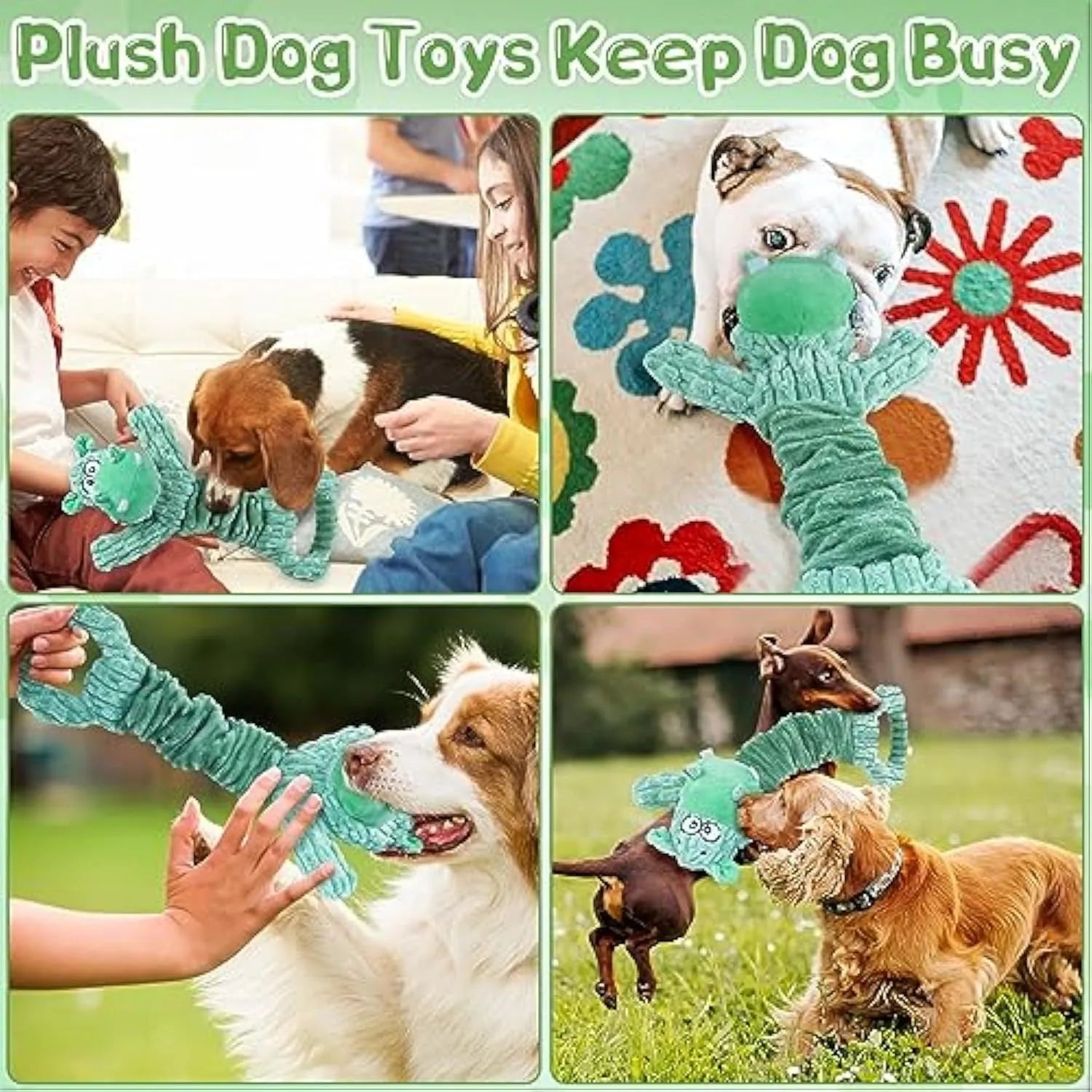 Large plush hippo or monkey dog toy with a handle, shown in bright colours.