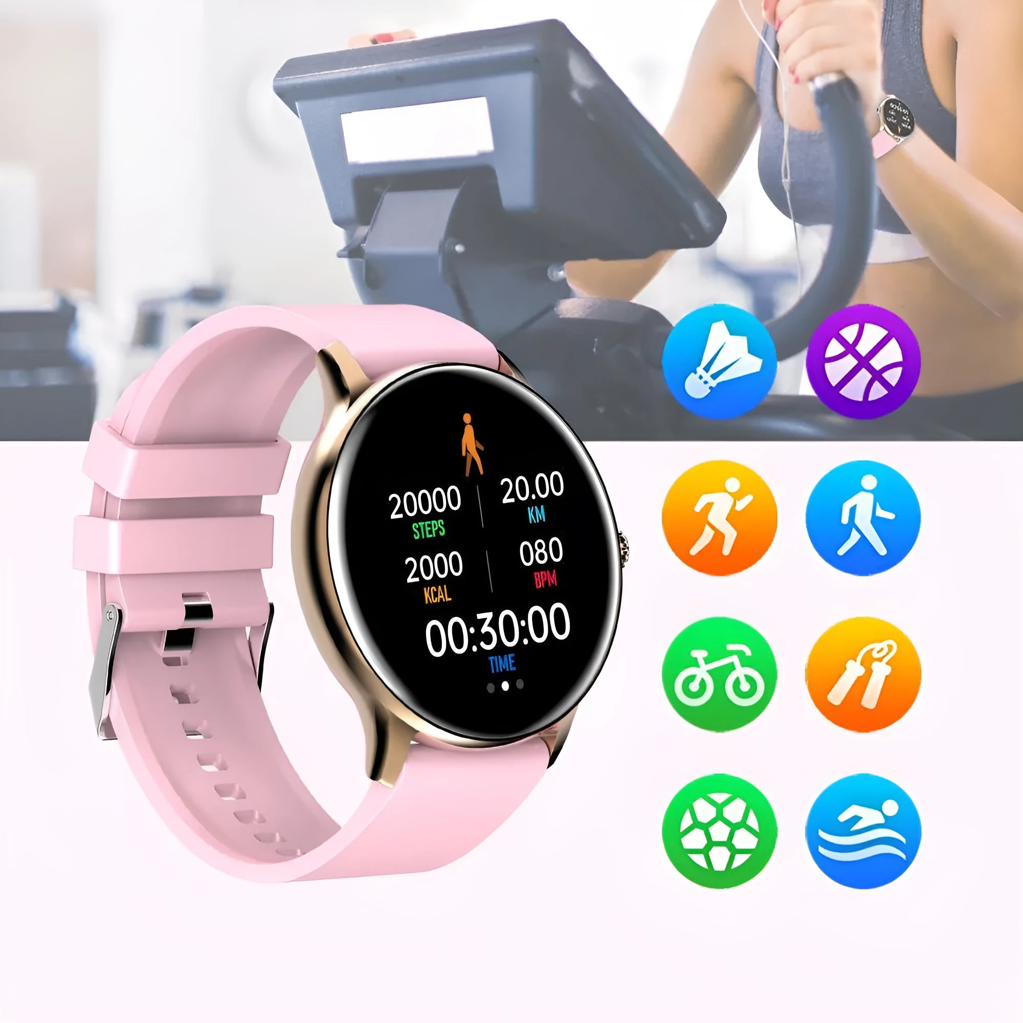 Black smart sports watch with 1.28 inch screen and silicone band showing health monitoring interface