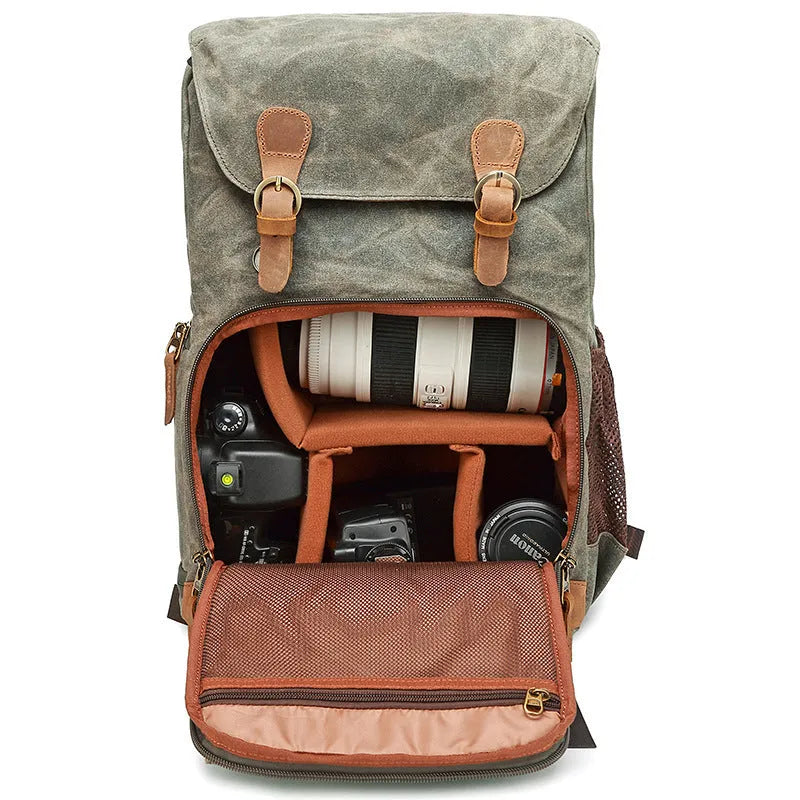 Canvas DSLR camera backpack in khaki colour with backpack straps and main compartment.