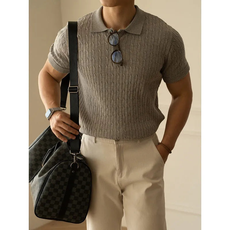 Men's khaki short sleeve business-casual top for office and commute wear.