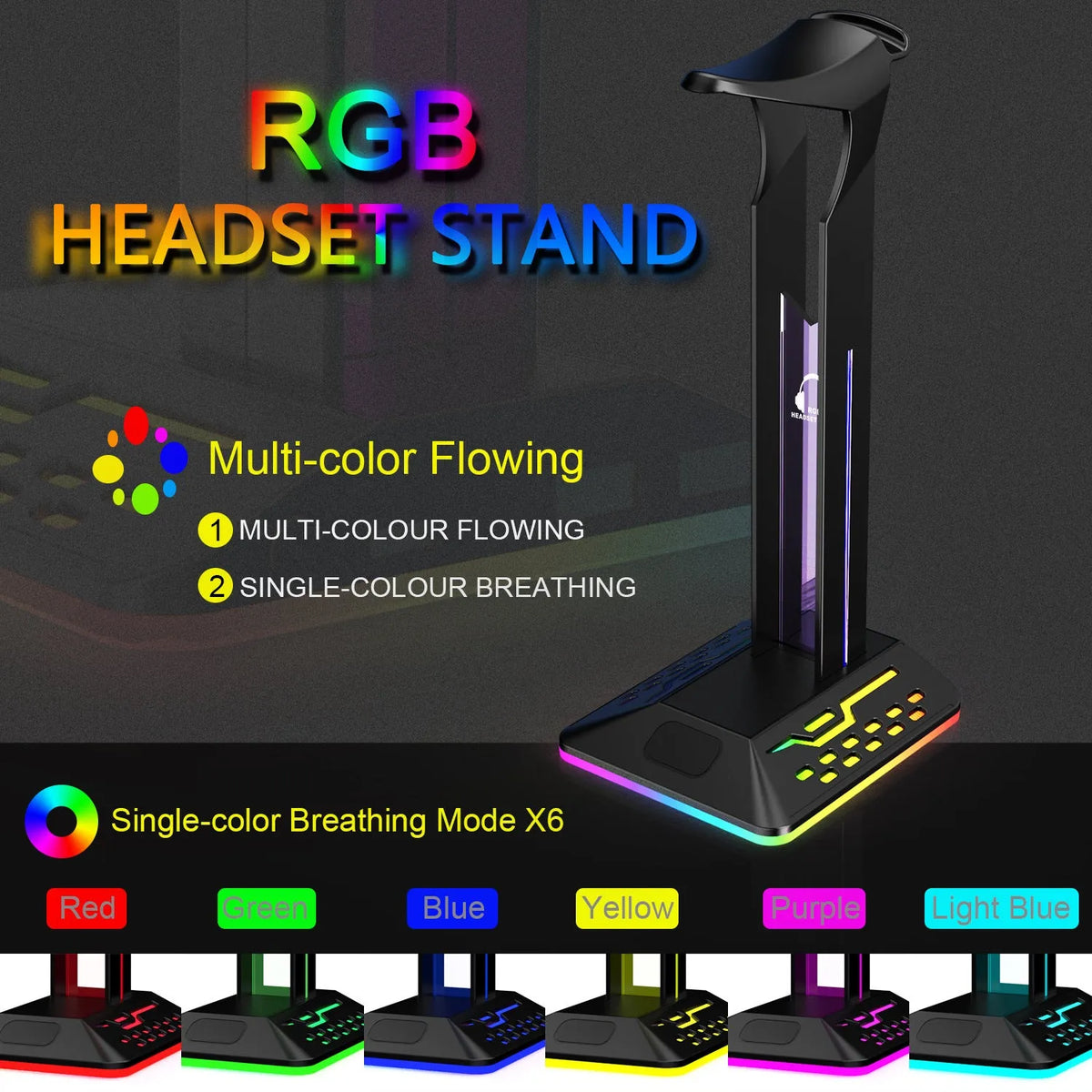 RGB headset bracket with dual USB ports and colour-changing LED lighting on a desk
