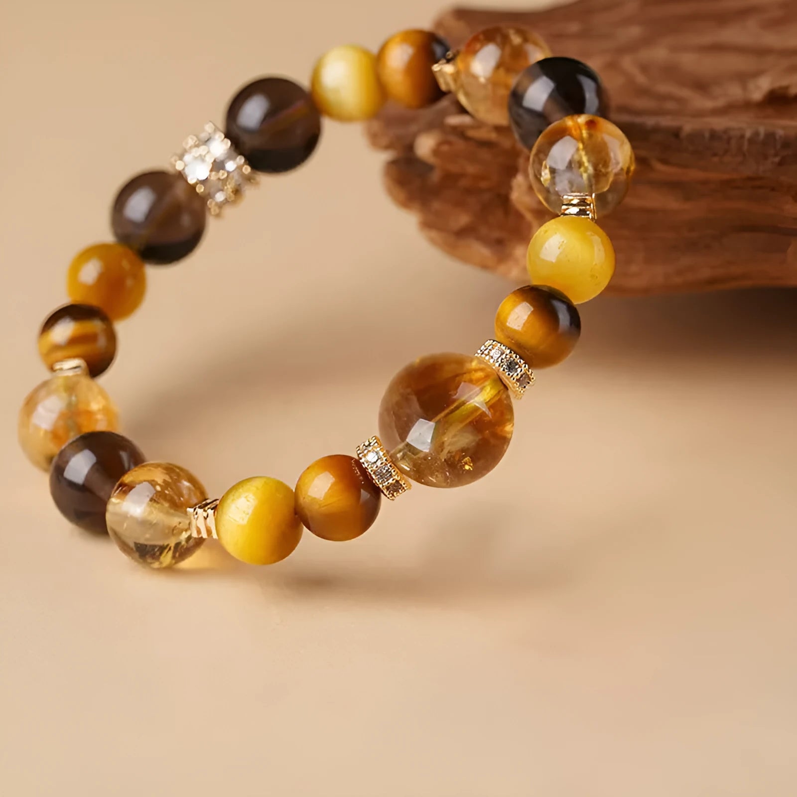 Lucky Jinba Tiger-eye crystal bracelet with yellow stone and geometric tower design