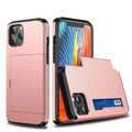 Sliding card wallet phone case in matte finish showing card slot and raised camera protection for iPhone