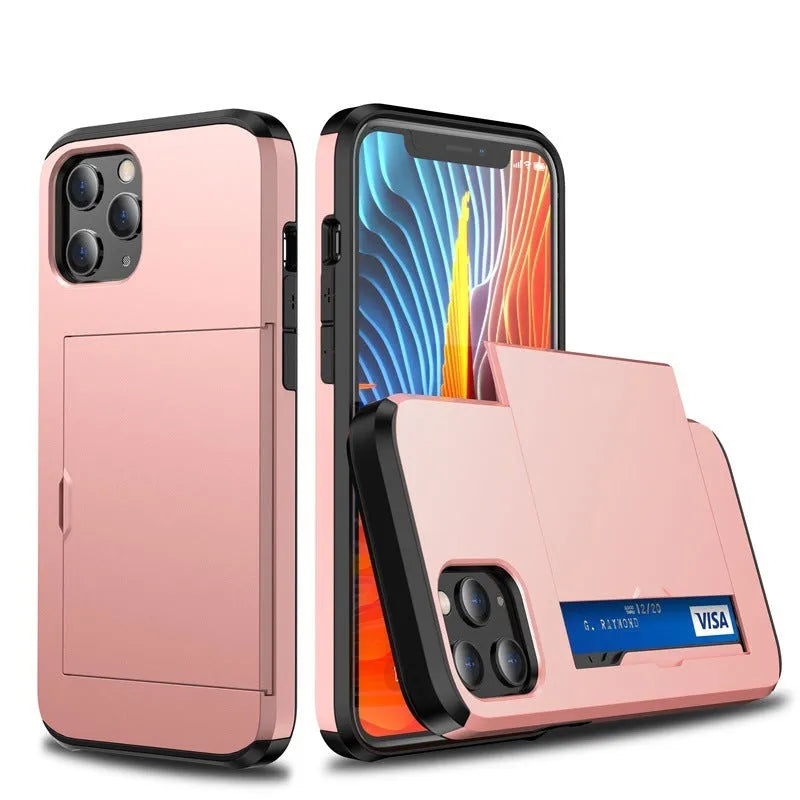 Sliding card wallet phone case in matte finish showing card slot and raised camera protection for iPhone