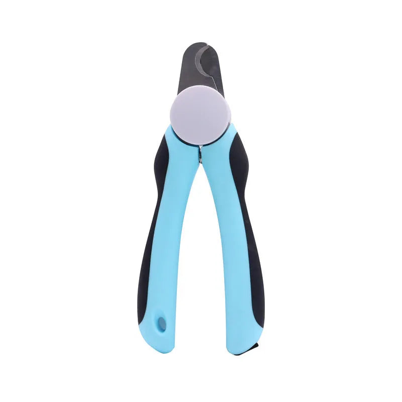 Blue heavy-duty dog nail clippers with a visible safety guard, shown next to a dog's paw.
