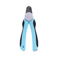 Blue heavy-duty dog nail clippers with a visible safety guard, shown next to a dog's paw.