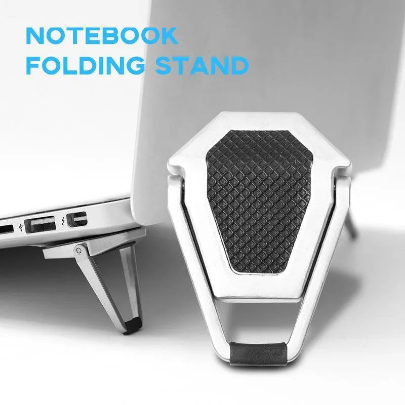 Aluminum alloy foldable laptop bracket shown in silver colour beside measuring tape showing 4.8cm width