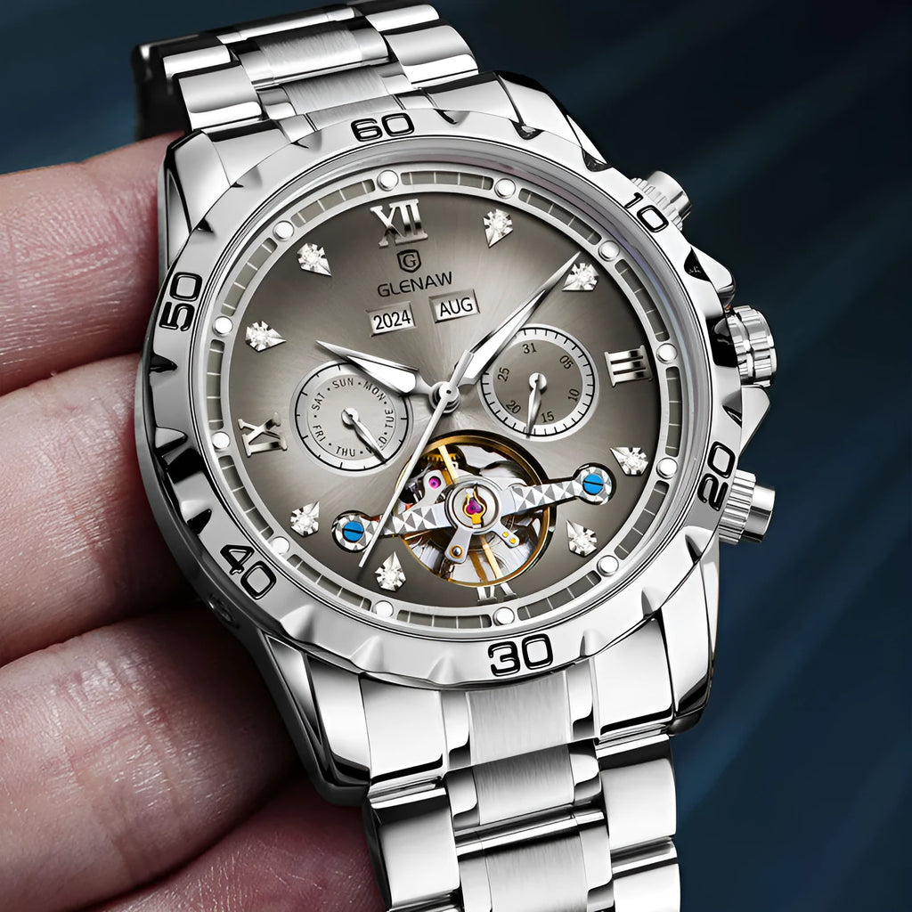 Men's automatic mechanical watch with stainless steel strap and mineral glass in business style