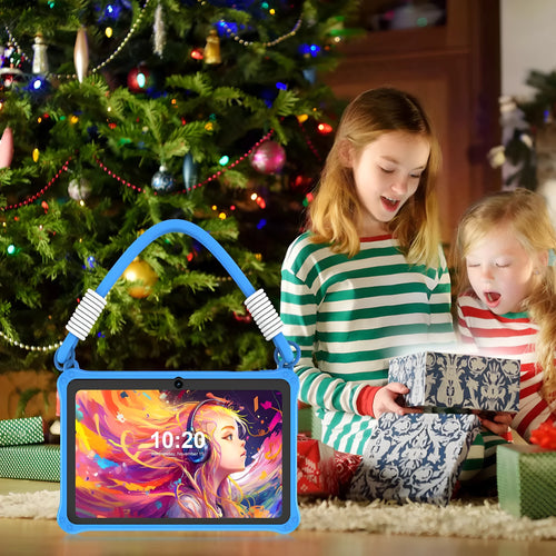 Sapphire blue silicone protective case for a 7-inch children's tablet, showing the integrated flat strap.