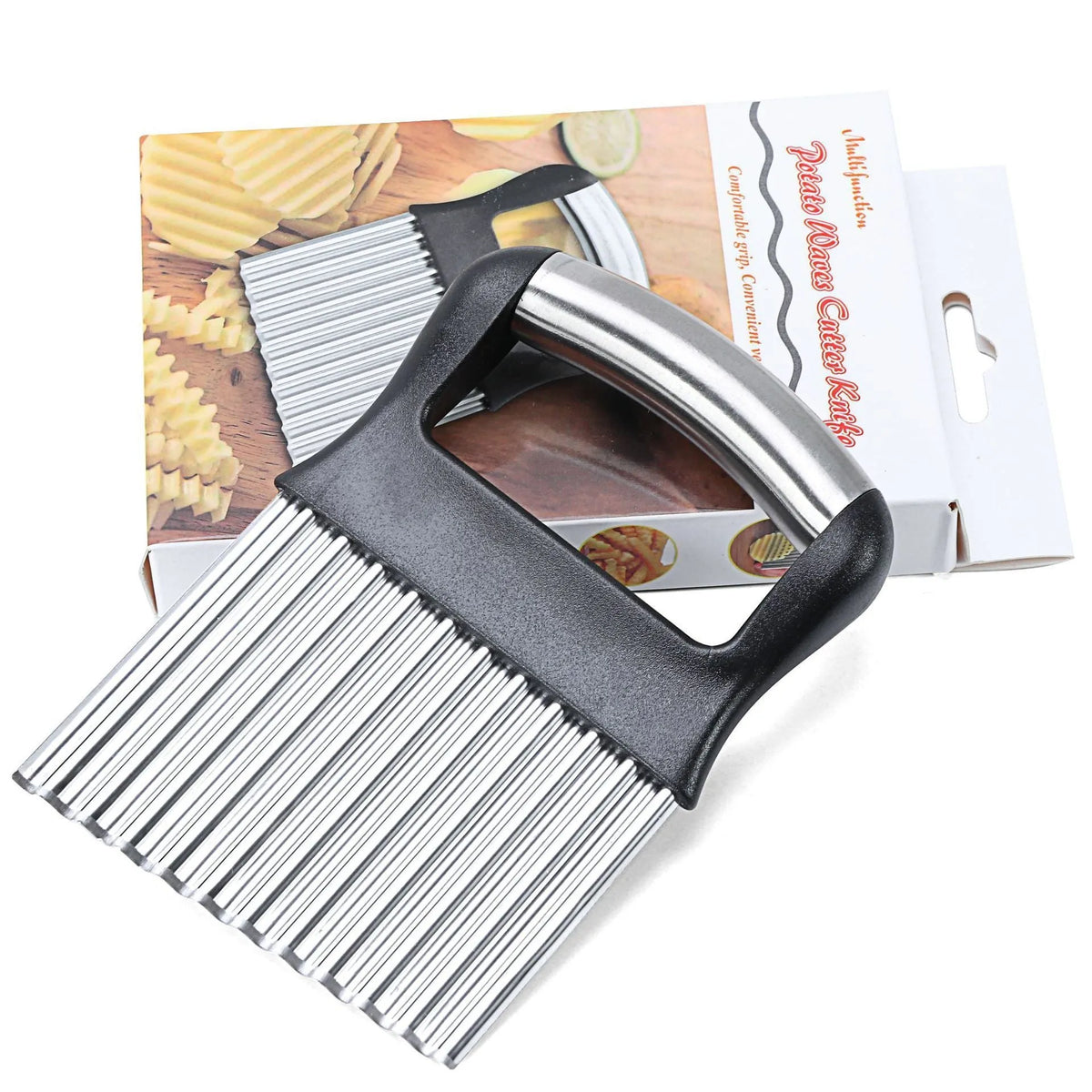 Stainless steel potato wave knife for cutting crinkle chips, shown on a kitchen surface.