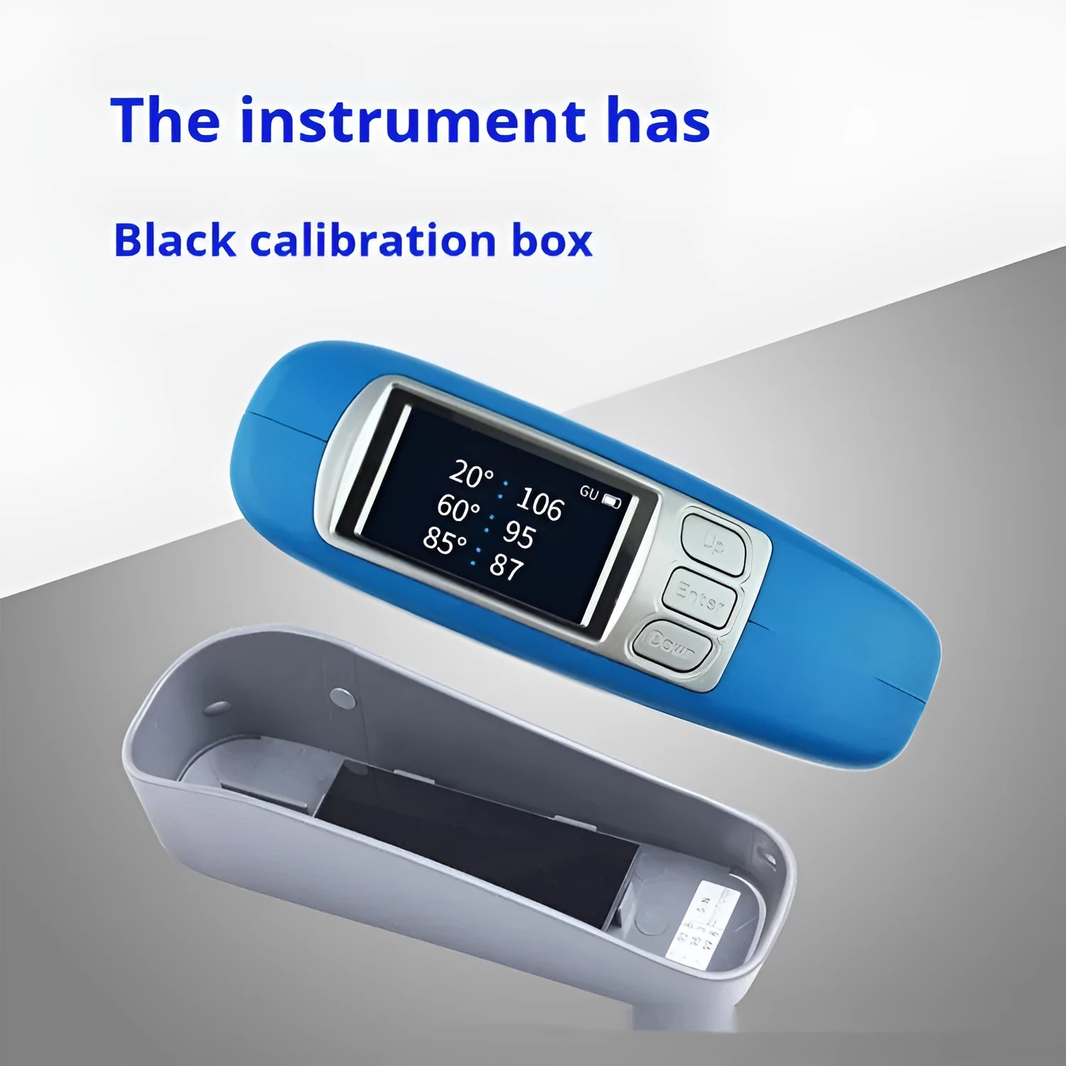 Portable handheld gloss meter for testing ceramic, glass, and paint surface shine.