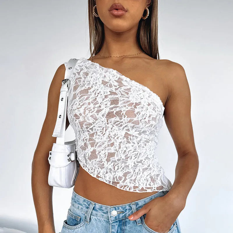 Women's lace backless top with asymmetrical neckline in solid colour