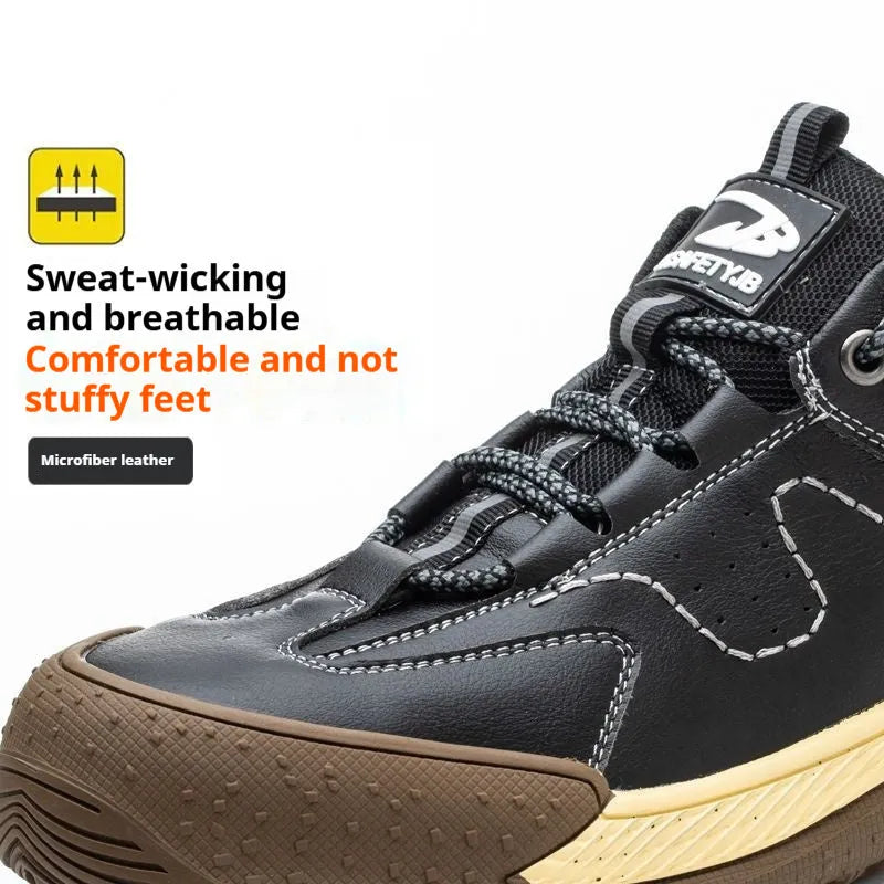 Flyknit leather work shoes with rubber sole, shown in black, brown, grey, and khaki colours.