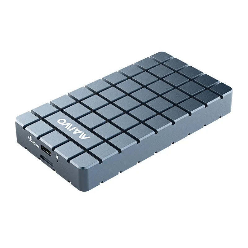 Aluminium USB4 hard disk enclosure for solid state drives, shown next to its packaging.