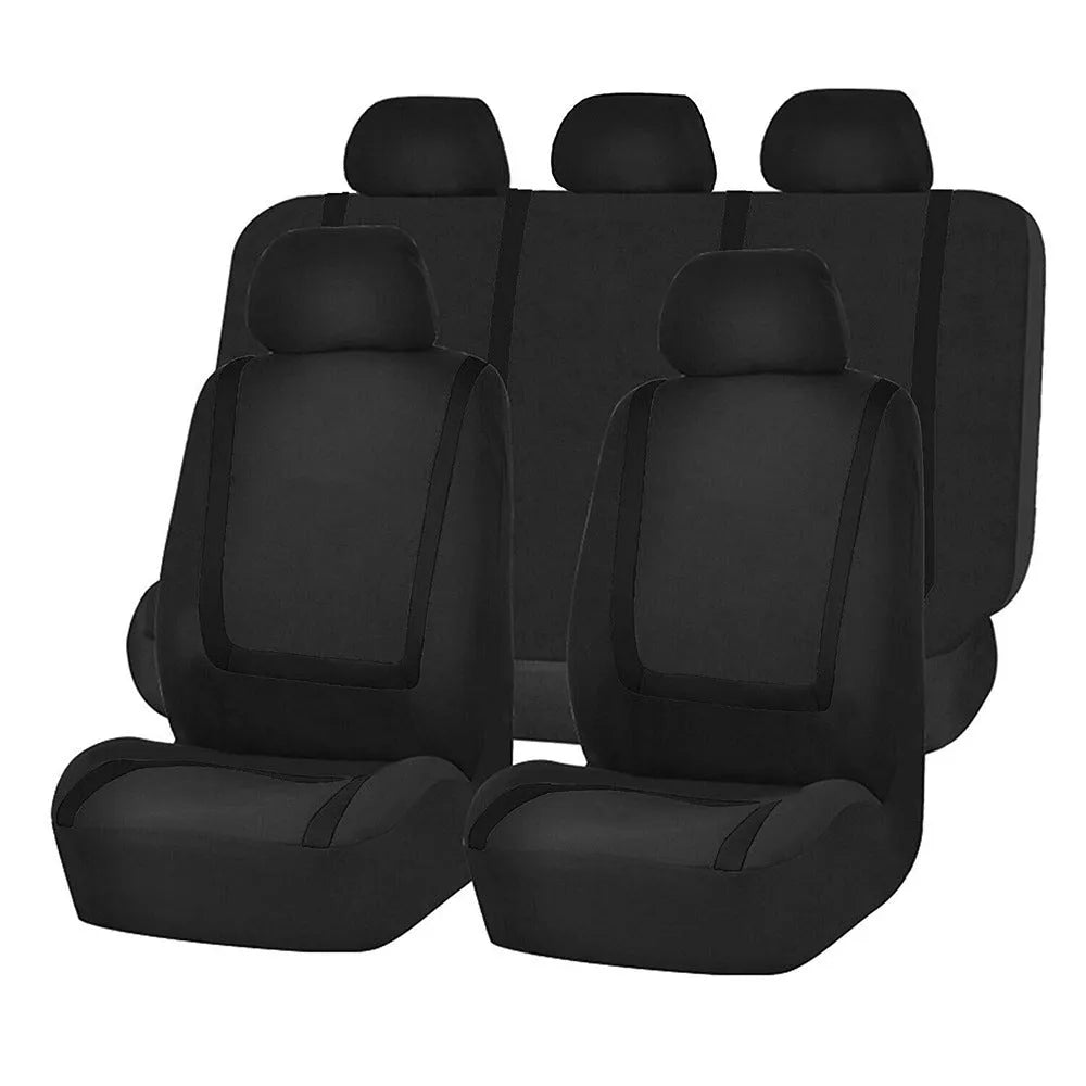 Fully enclosed universal car seat cover set shown in beige and black, protecting front and rear car seats.