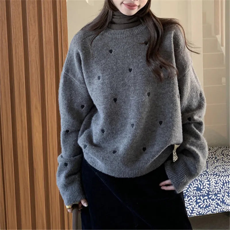 Women's loose acrylic crew neck pullover sweater with love embroidery in milky white, grey, or pink