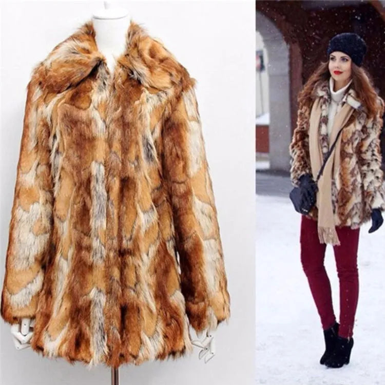 Women's medium length faux fur jacket with tiger print pattern and regular long sleeves in street fashion style