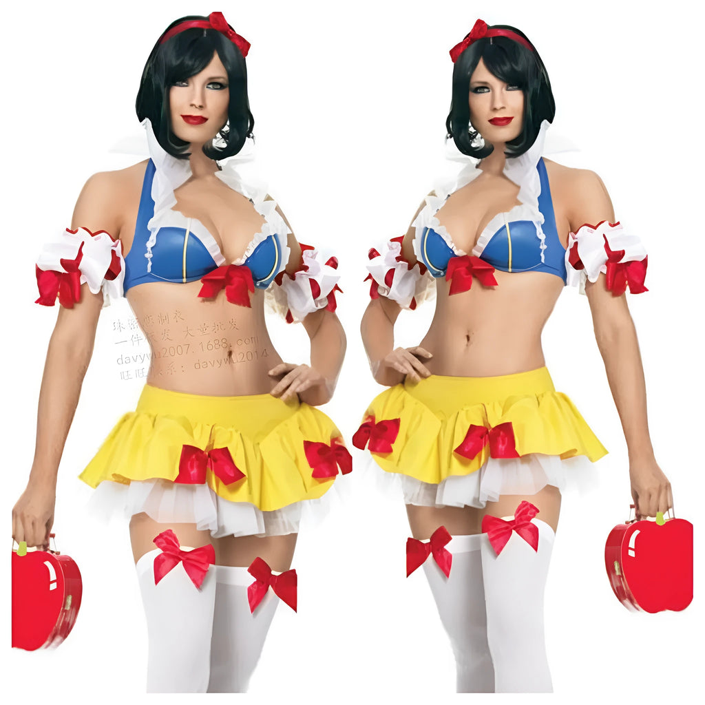 Snow White Halloween costume dress set with headdress, ruffled sleeves, and short skirt