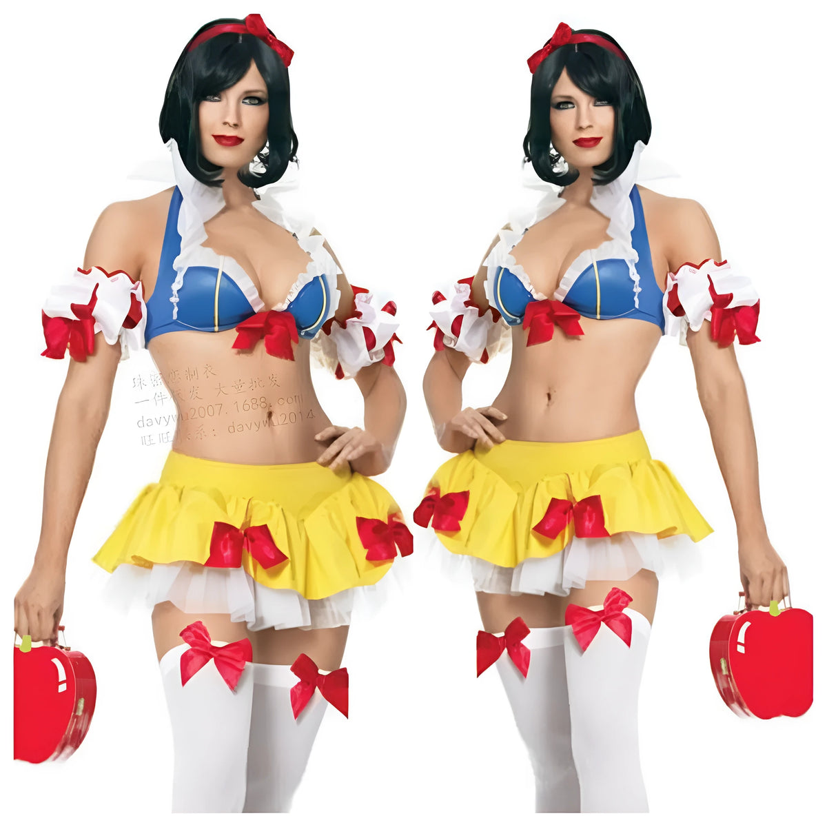 Snow White Halloween costume dress set with headdress, ruffled sleeves, and short skirt