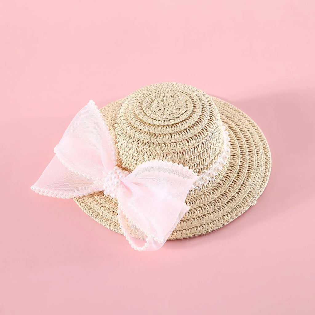 Woven straw pet cat hat with pearl bow in pink blue purple or white