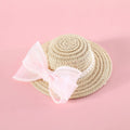 Woven straw pet cat hat with pearl bow in pink blue purple or white
