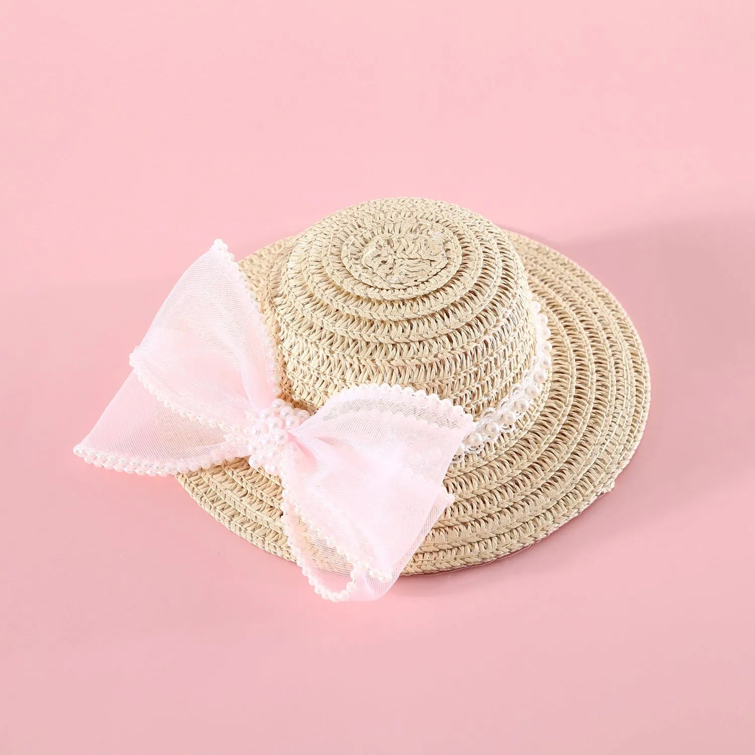 Woven straw pet cat hat with pearl bow in pink blue purple or white