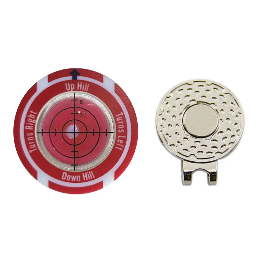 Golf level tool with clip for hat attachment showing position mark indicator