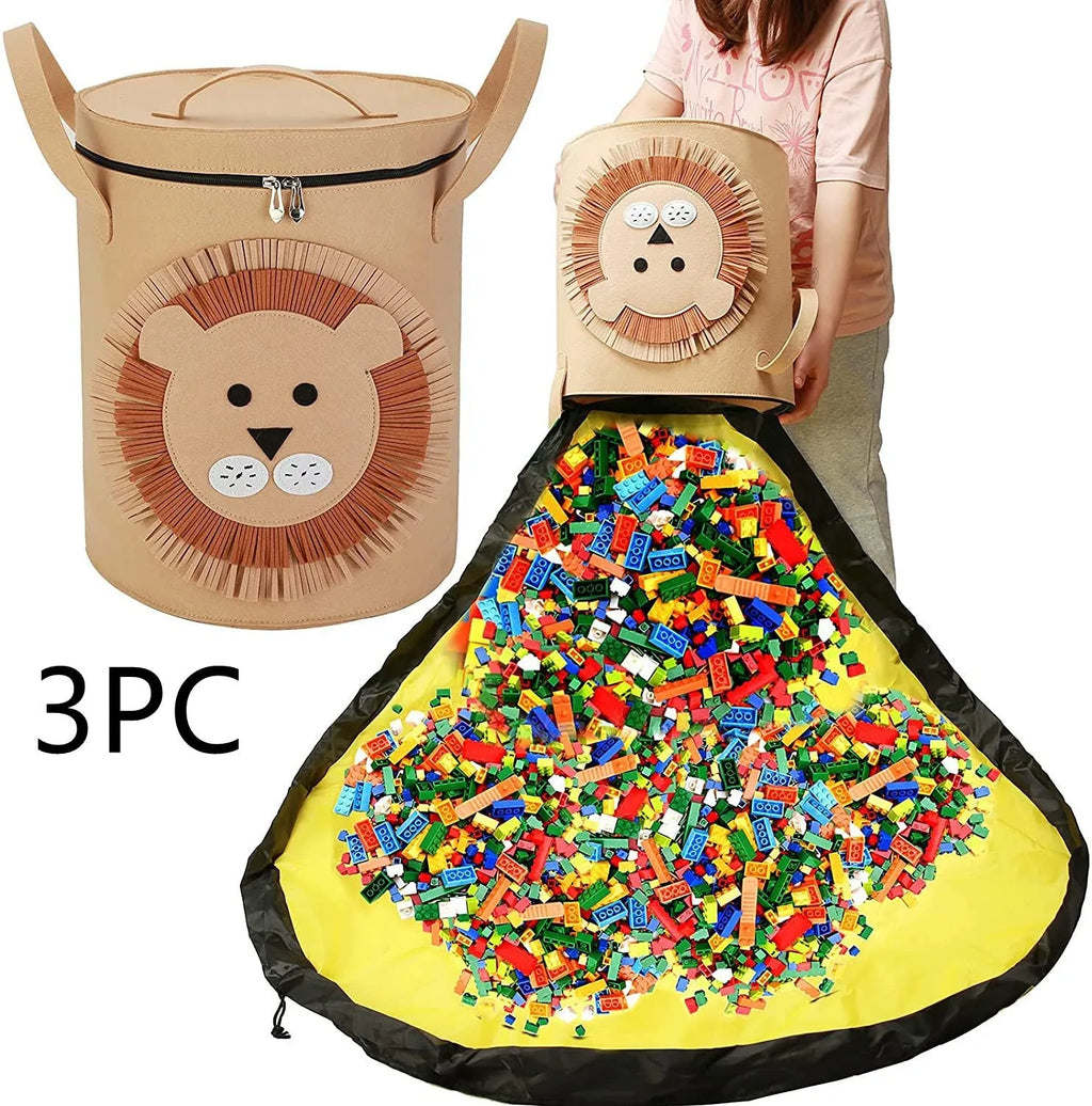 Green felt cube storage bag with pull rope that converts into a flat play mat for toys.
