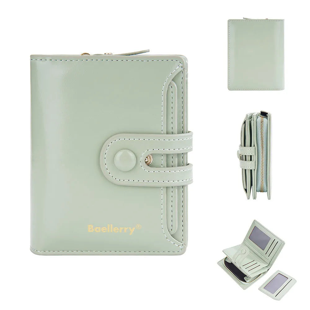 Women's PU leather card holder wallet shown in various colours including black, white, blue, red, green, brown, pink, and orange.