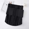 Nylon belly band waist trainer with adjustable tie in black and apricot colours on size chart