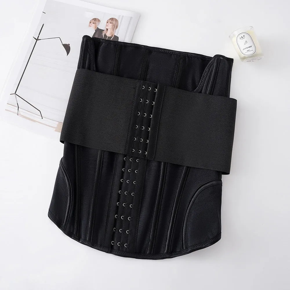 Nylon belly band waist trainer with adjustable tie in black and apricot colours on size chart