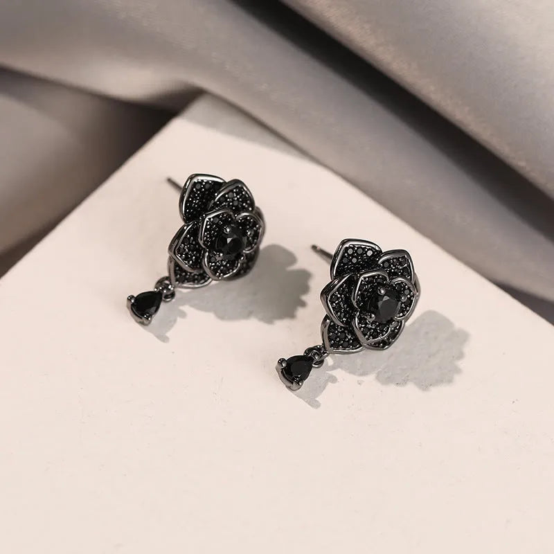 Black rose zircon flower stud earrings with electroplated 18K gold finish on copper