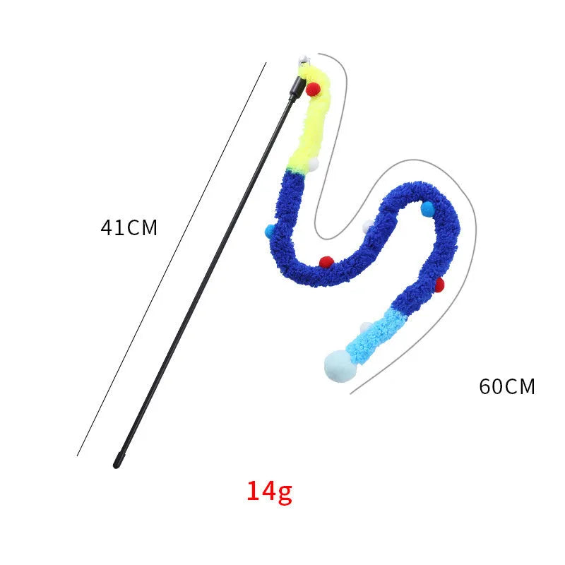 Colourful cat wand toy with plush strip and bell ball on 41cm pole