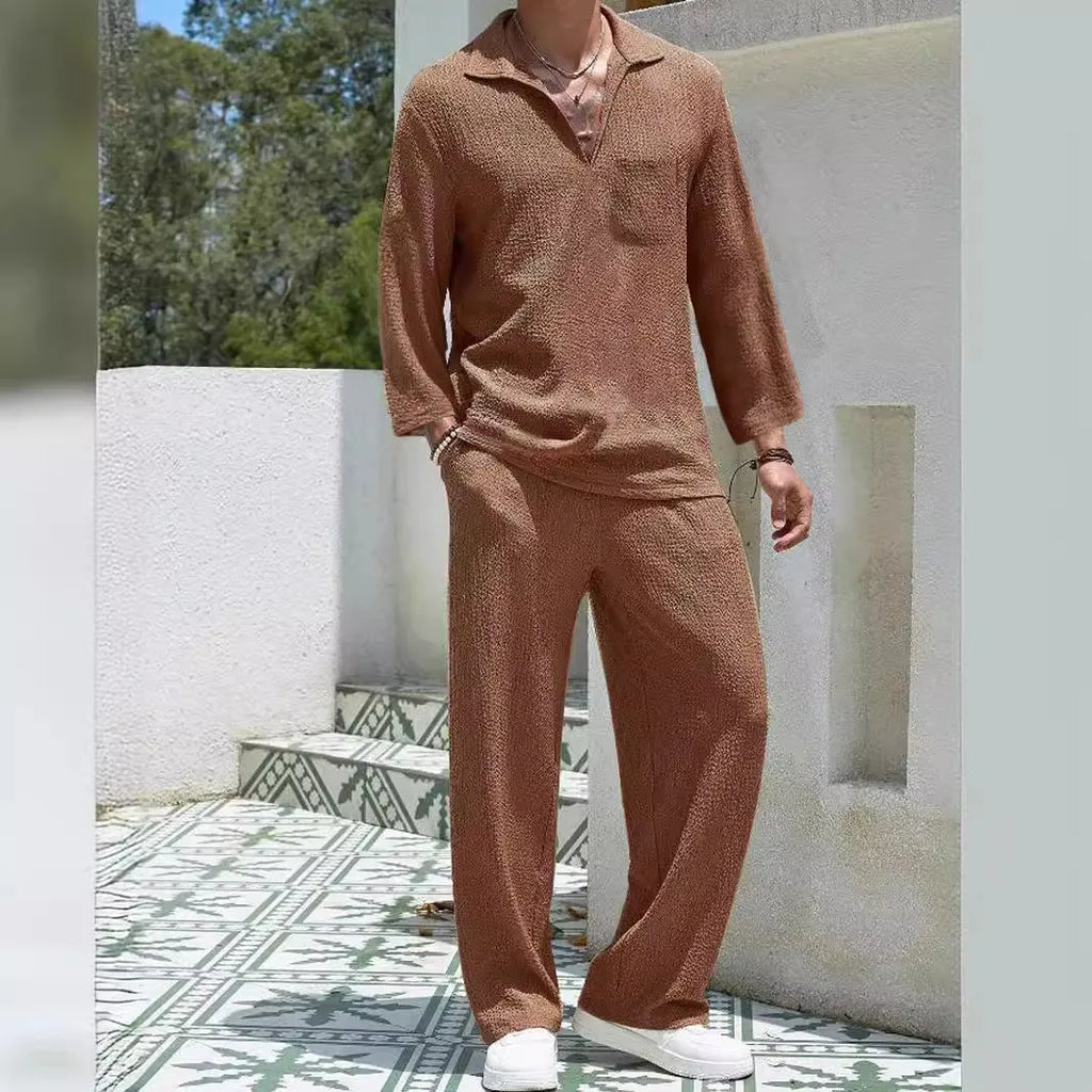 Men's casual shirt trousers commuter suit in polyester, shown in lake blue colour with shirt-style jacket.