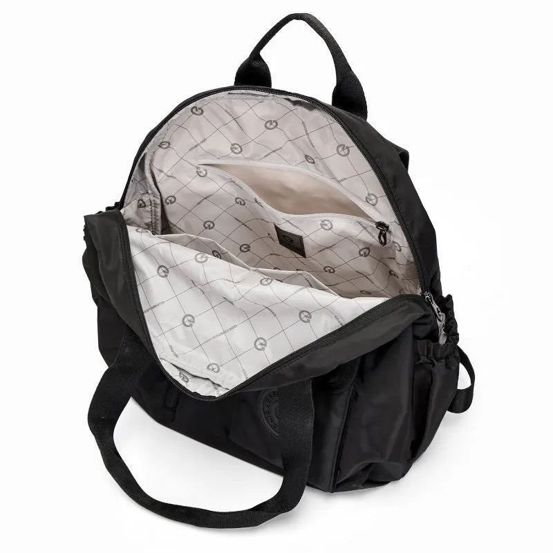 Women's large capacity lightweight nylon backpack in black with sandwich pocket compartments