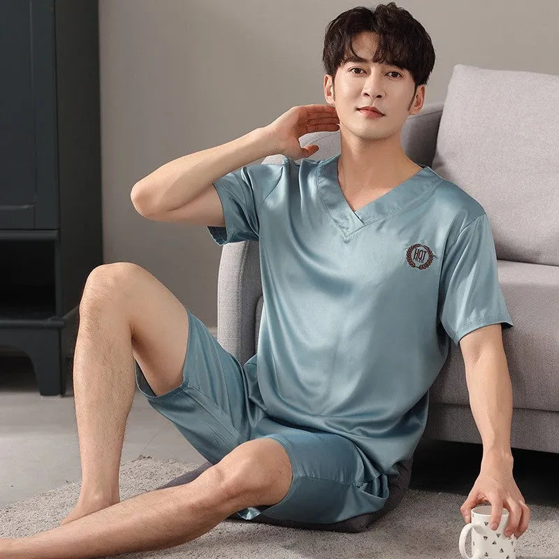 Men's loose-fitting ice silk pyjama set with short-sleeved shirt and shorts in various colours