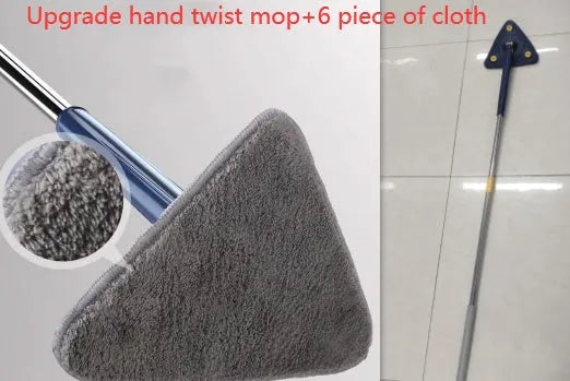 Blue extendable triangle cleaning mop with rotating head on stainless steel pole.