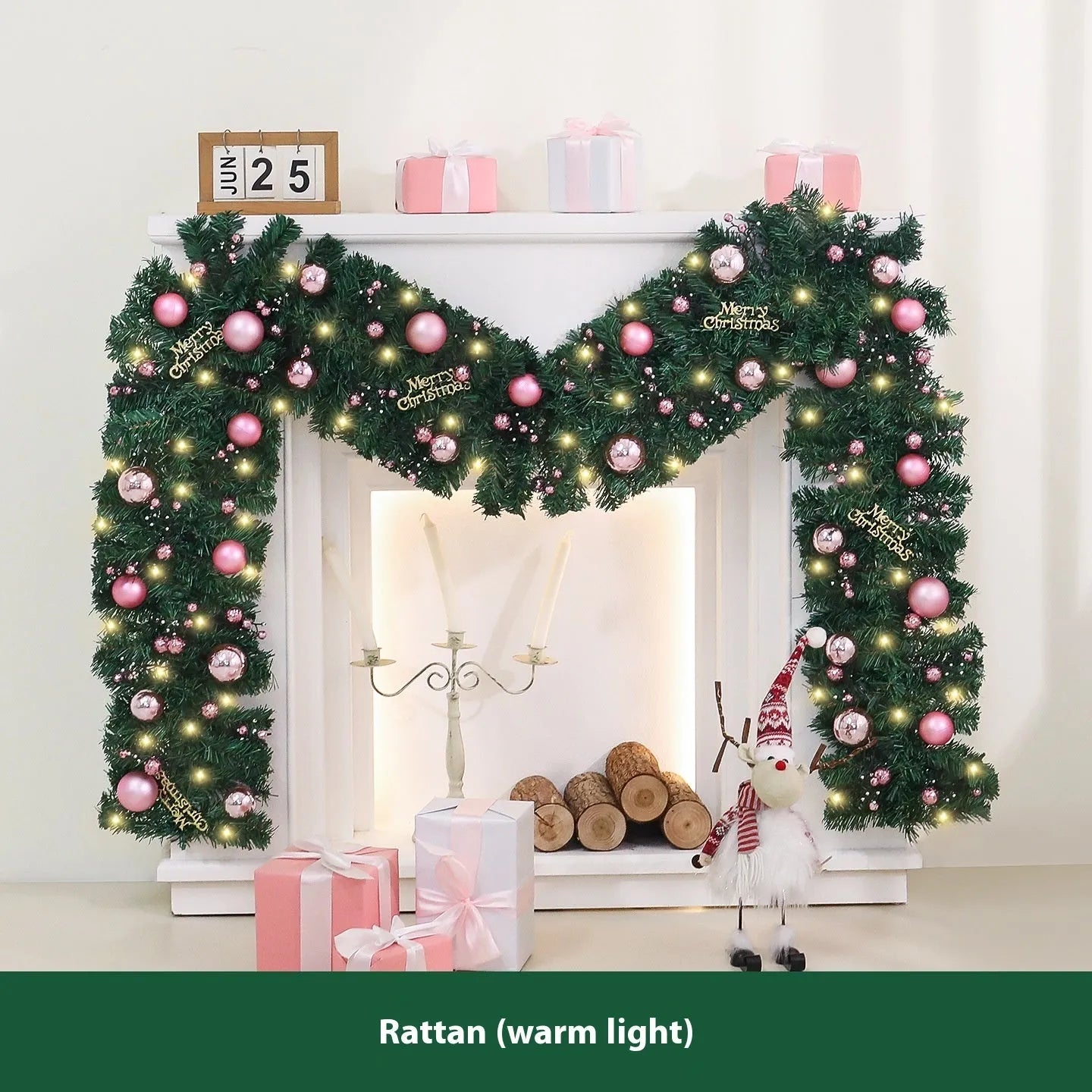 Long pink small fruit rattan Christmas garland draped over a stair bannister with optional LED lights